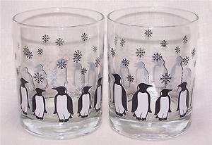 Libbey Glass 4 Penguin Christmas Rocks Tumblers Glasses  