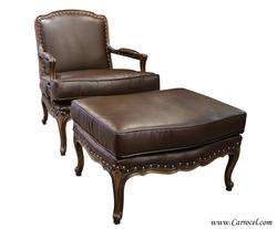 Leather French Country Bergere Arm Chair & Ottoman  