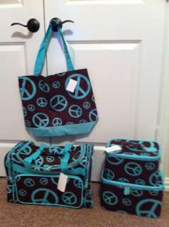BROWN & TURQUOISE PEACE SIGN 4 PC LUGGAGE SET  