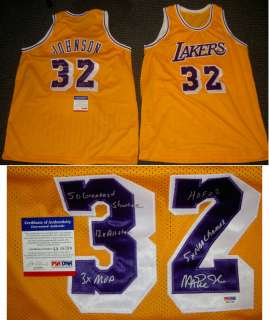 MAGIC JOHNSON AUTOGRAPHED SIGNED LOS ANGELES LAKERS JERSEY MANY STATS 