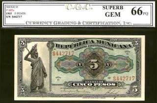 Mexico 1915 Republica Mexicana 5 Pesos In a CGC Superb Gem 66 PQ 