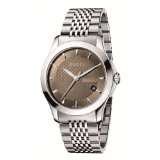 Gucci YA126213 G Timeless Chronograph Brown Dial Steel Bracelet Watch 