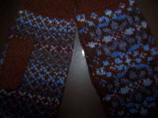   100% shetland wool intarsia fairisle knit mittens blue brown  