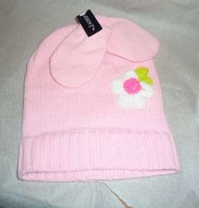 Baby Girls Lined Knit Hat & Mittens no thumbs Pink with colorful 