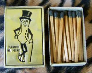 VTG Gold Foil Planters Mr Peanut Wood Black Tip Matches Match Box 