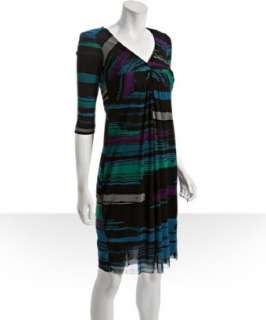 Kay Unger black streak print mesh v neck dress  