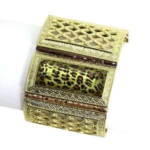   Bracelet; 2L; Gold Lattice Texture Metal; Leopard Print Gemstones