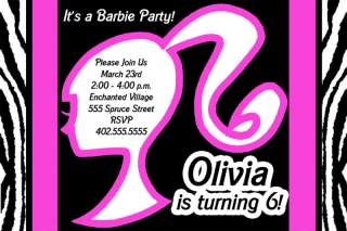 Custom Barbie Zebra Print Birthday Party Invitations  