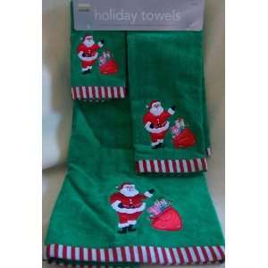  Holiday Christmas Towels, 3 Piece, Embroidered, Green 
