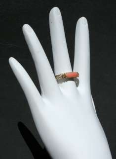 Vintage 10K Genuine CORAL WITH DIAMOND Yellow Gold Band Ring  