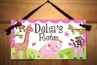 Girls Pink Jungle Animal Bedroom Nursery Kids Door Sign  