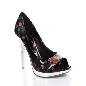  Red Rose Prints Black Peep Toe Platform Stiletto Heel 
