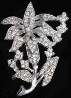   1930s White Rhinestone Silver Tone Pot Metal Flower Brooch Pin  