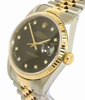 ROLEX OYSTER PERPETUAL DATEJUST 2 TONE 18K/SS WATCH BLACK DIAMOND DIAL 