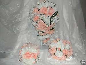 PEACH IVORY WEDDING FLOWERS SILK BRIDAL BOUQUETS 21 PC  
