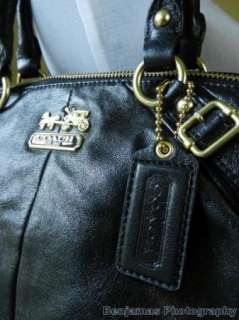   15960 Madison Black Leather Sophia Satchel Handbag $358 Gift Authentic