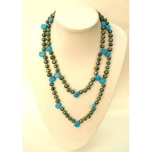  Pearl Necklace w/ Semi precious Stone Turquoise in 46 Inch 