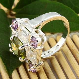 Fashion Peridot Amethyst White Topaz Jewelry Gems Silver Ring Size #6 