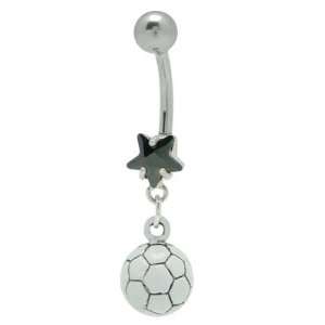   Soccer Ball Belly Button Ring with Black Star Cz Gem   35215 Jewelry
