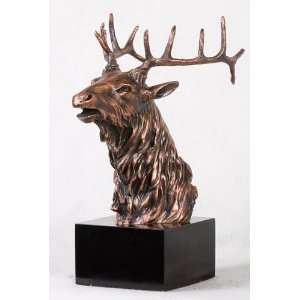   Deer Head Bust With Antlers On Marble Stand Statue