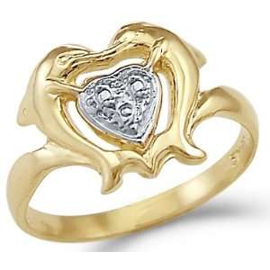   14k Yellow and White Gold Two Dolphins Kissing Heart Ring Jewelry